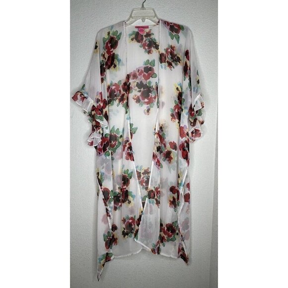 Betsey Johnson Kimono Top White Floral Sheer Ruffle Sleeve Duster Boho Colorful - Picture 1 of 9